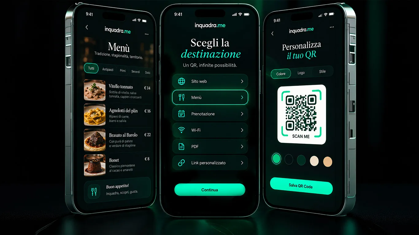 Tre schermate di inquadra.me: il menu, la scelta della destinazione, la personalizzazione del codice
